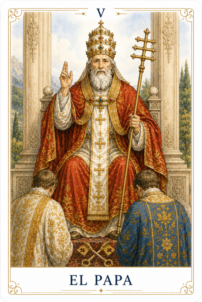 El Papa del Tarot sentado entre dos columnas mientras transmite su enseñanza a dos discípulos, símbolo de la sabiduría, la tradición y la guía espiritual.
