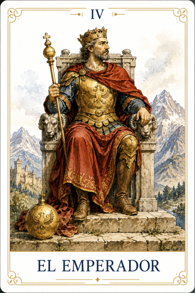 "El Emperador del Tarot sentado sobre un trono de piedra decorado con carneros, sosteniendo un cetro y un orbe, símbolo de autoridad, estabilidad y dominio de uno mismo."