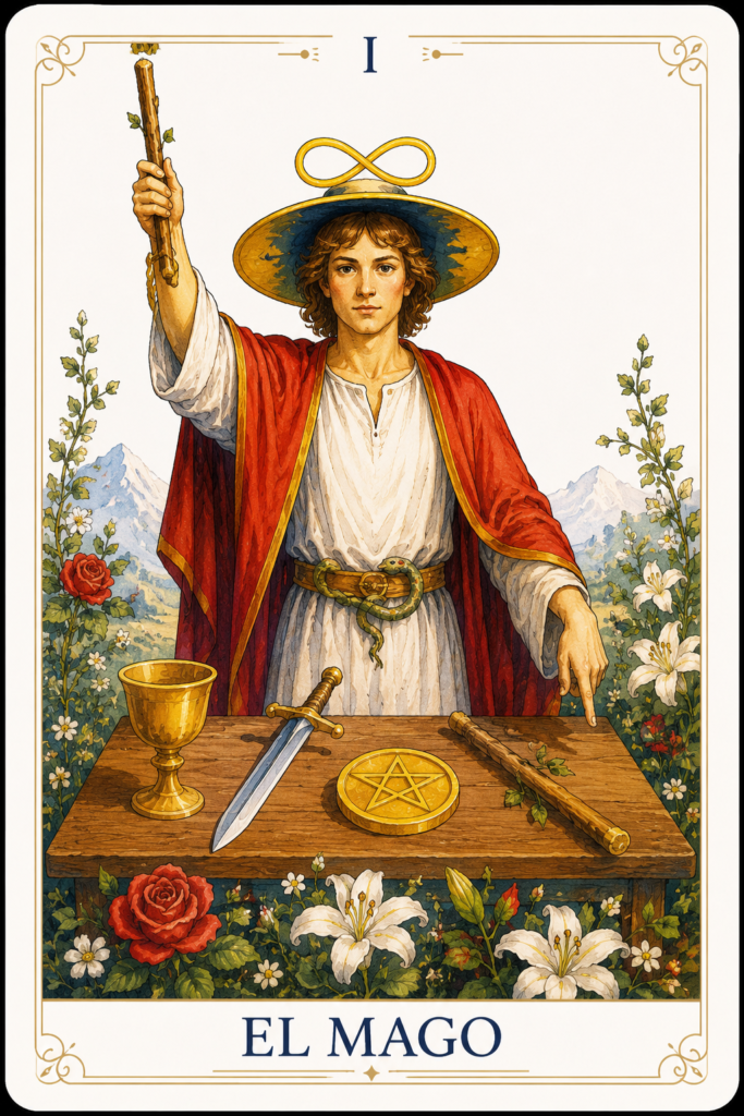 El Mago del Tarot rodeado de sus símbolos tradicionales, representando la iniciativa, la voluntad y el comienzo del camino personal.