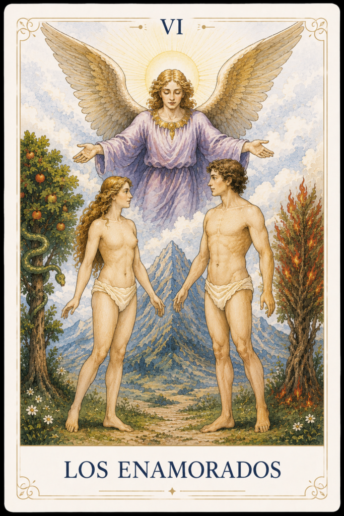 Los enamorados del Tarot con un ángel sobre un hombre y una mujer, símbolo de la elección consciente, el amor y la unión de los opuestos.