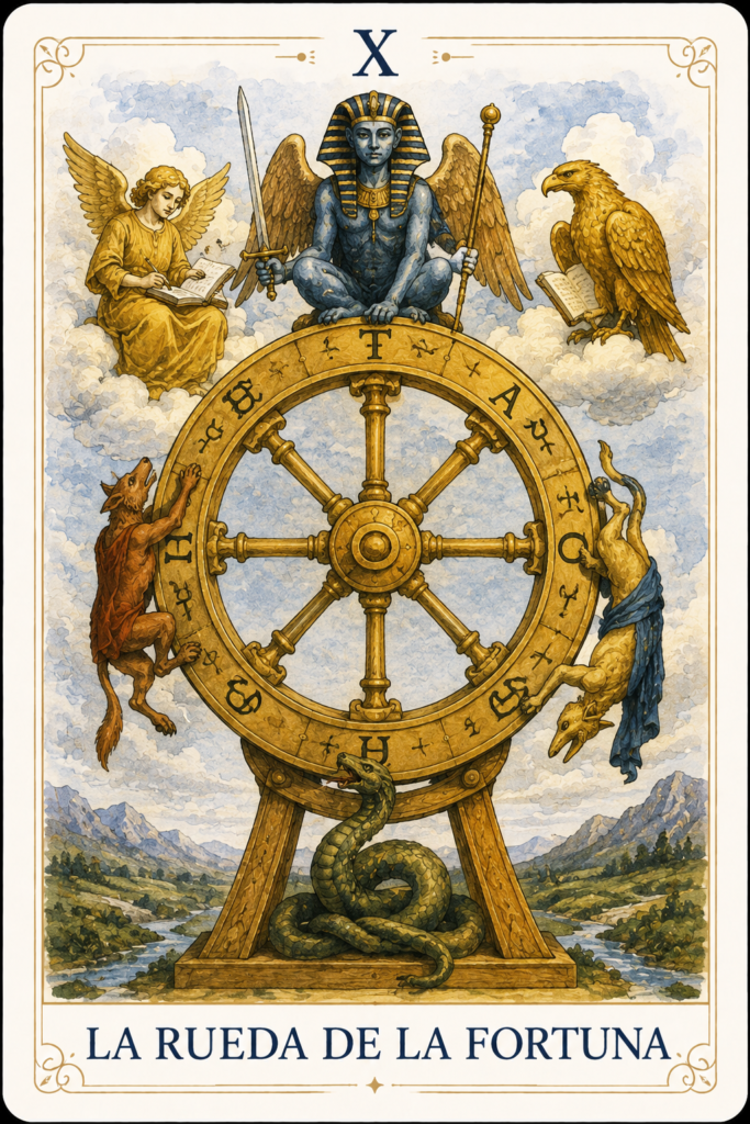 La Rueda de la Fortuna en el Tarot, Arcano Mayor X, con sus principales símbolos.