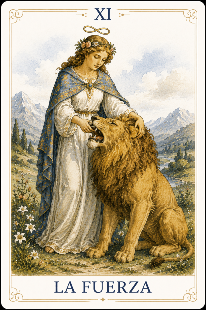 La Fuerza en el Tarot, representada por una mujer serena que domina suavemente a un león bajo el símbolo del infinito.
