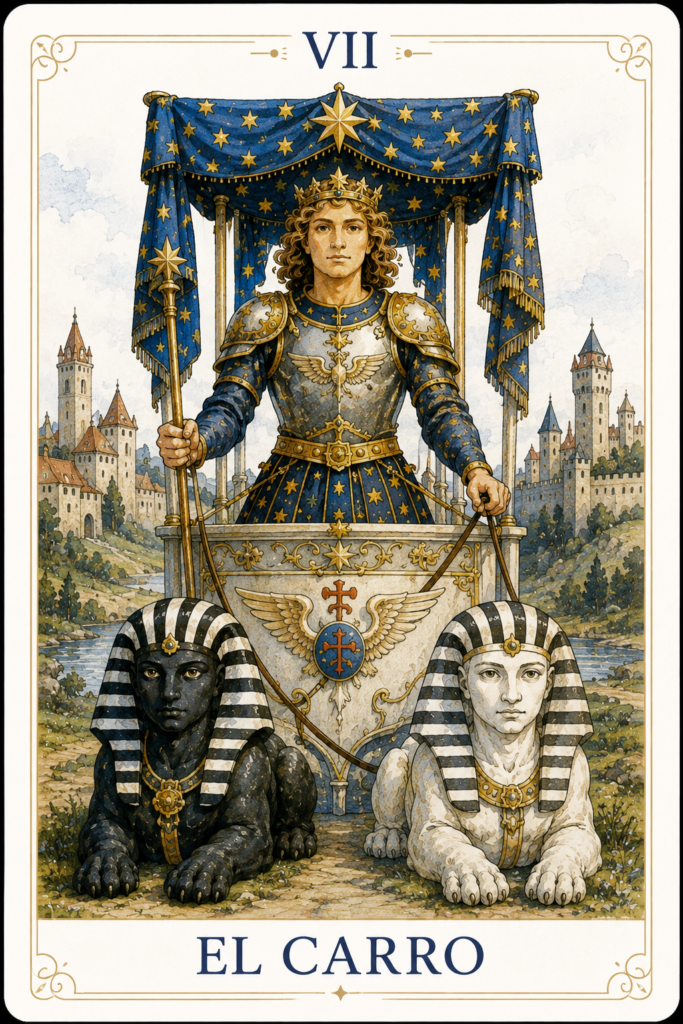 El Carro del Tarot de Marsella con el auriga sobre el carro tirado por dos esfinges, símbolo de voluntad, dirección y dominio interior.