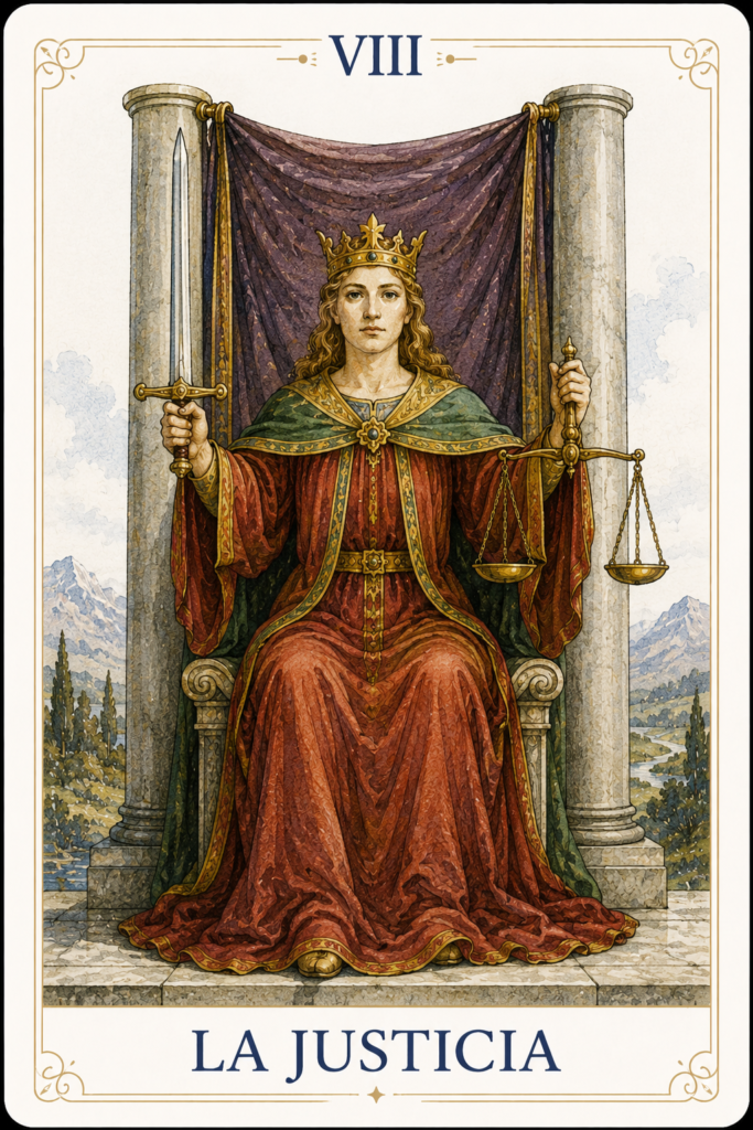 La Justicia del Tarot con su espada y su balanza, símbolo de equilibrio, responsabilidad y discernimiento.